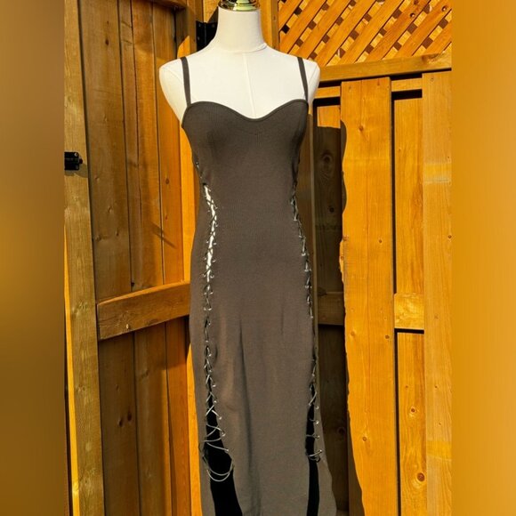 🆕 NICHOLAS 🧿 NWT Palmer Lace Up Ribbed Knit Maxi Dress, Olive Green - Sz M - Picture 6 of 15